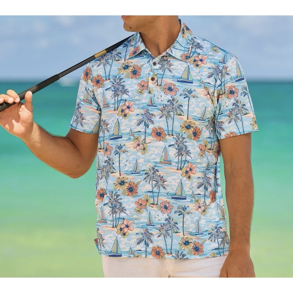 NWOT Kenny Flowers The Ocean Course Polo Shirt Mens L Tropical Floral Print Golf